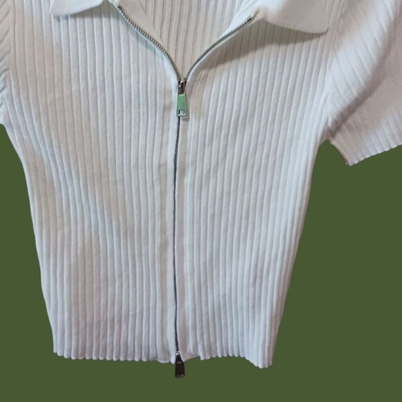 Forever 21 Ribbed Zip-Up Collared Short-Sleeve Top White Medium - Picture 3 of 7